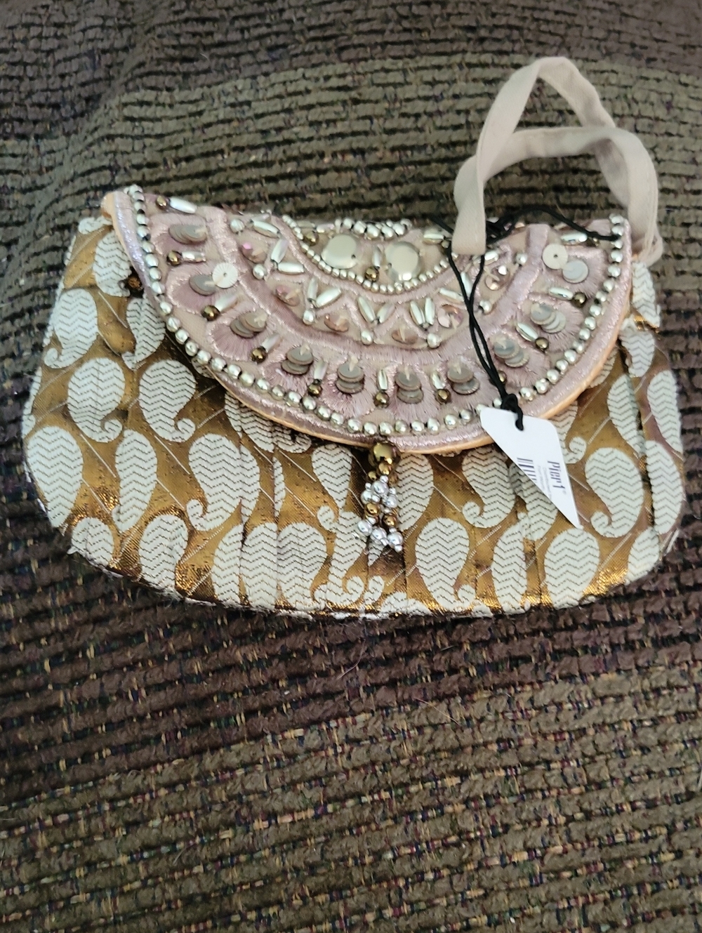 Pier 1 Kundan Mini Bridal Clutch Embellished Gold and Pink Wristlet